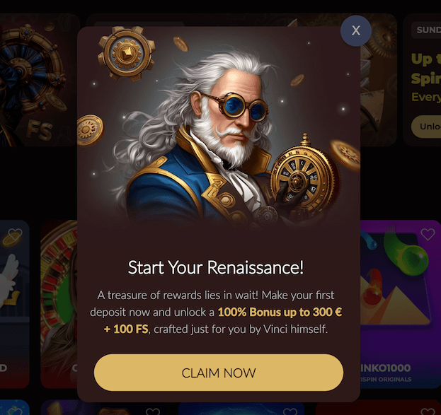 Welcome bonus Vincispin