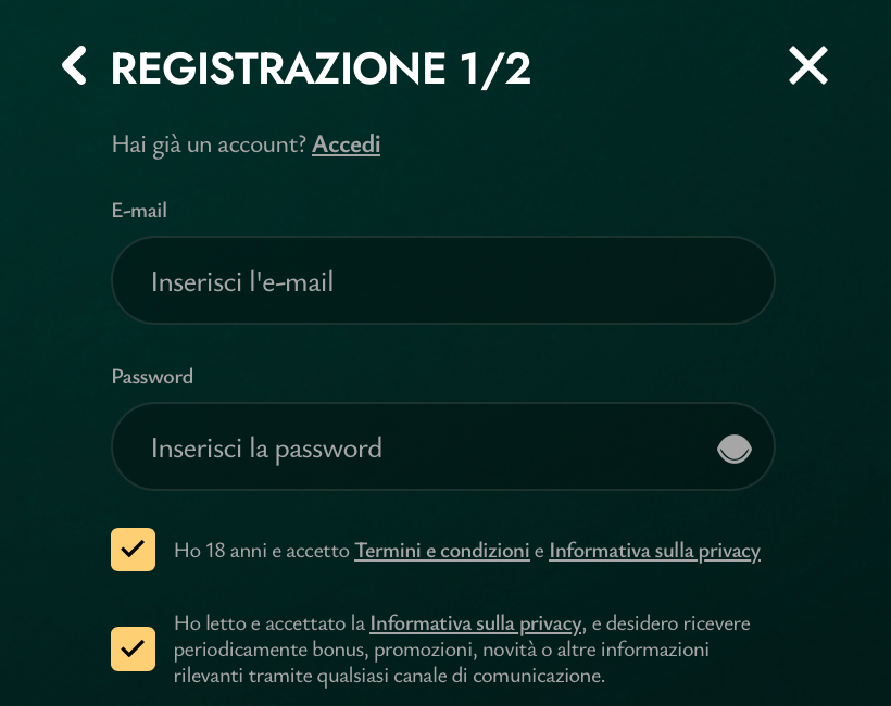 Registrazione classica – e-mail e password