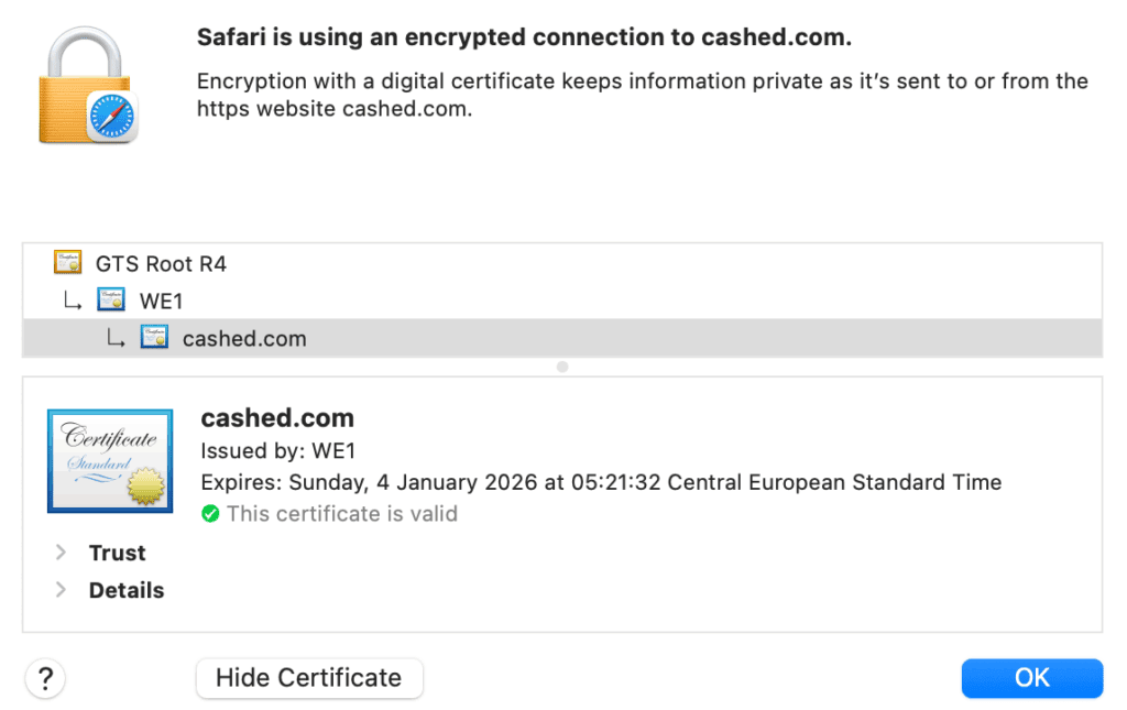 Controlla il certificato SSL del sito del casinò - Cashed